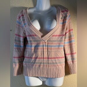 Cozy V-Neck Striped Sweater - Pink and Blue